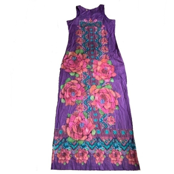 Agua Bendita Colorful Purple & Pink Cactus Floral Maxi Dress Large LIKE NEW - Picture 8 of 16